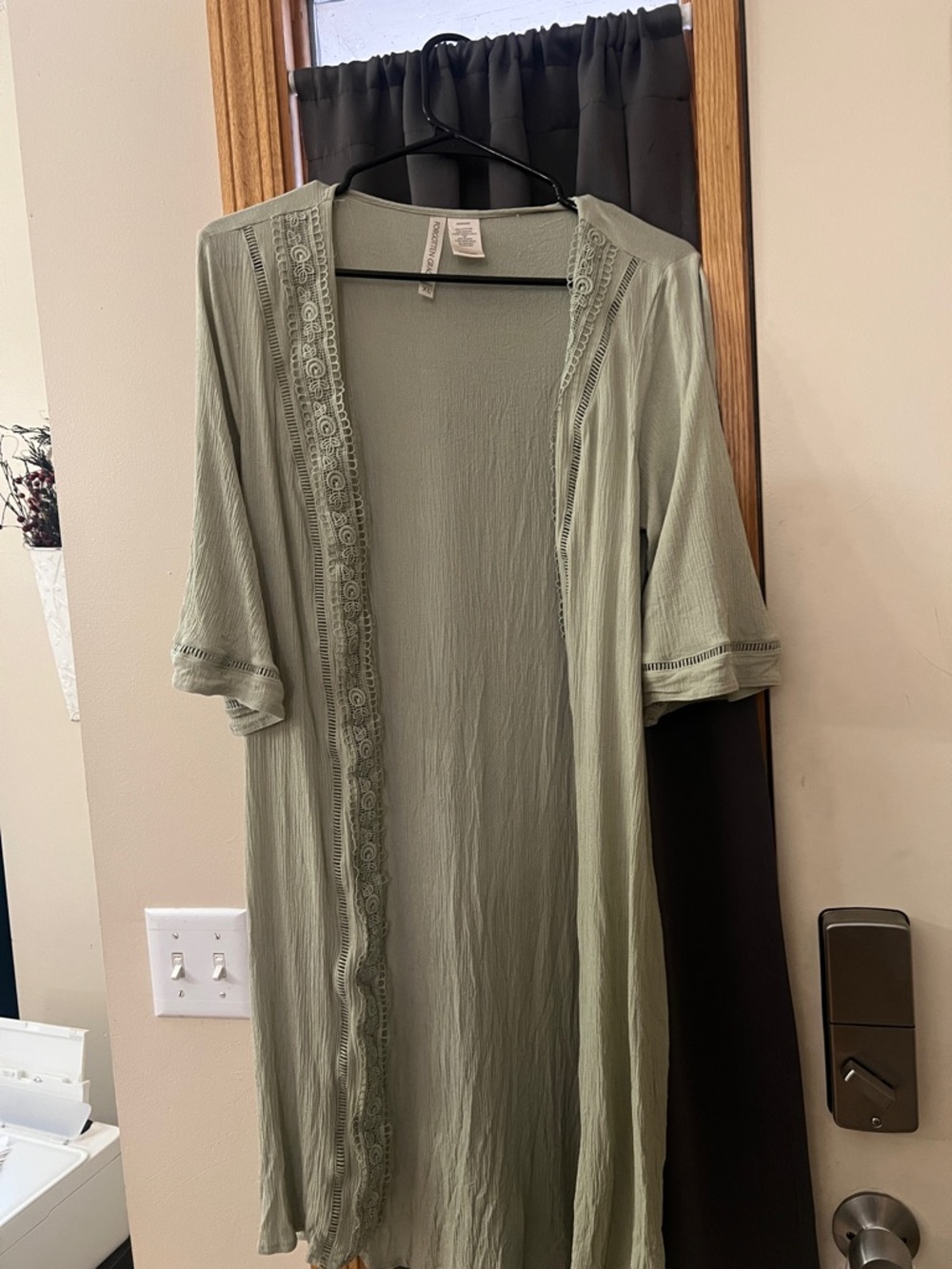 Women's Light Sage Open-Front Lace-Trim duster